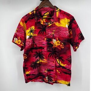 Palmwave Mens Hawaiian Shirt Red Pink Tropical Sunset Palm Tree  Button Up